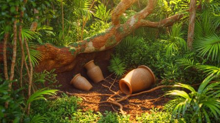 Illustration de la découverte de sept urnes funéraires en céramique sous un arbre tombé en Amazonie.