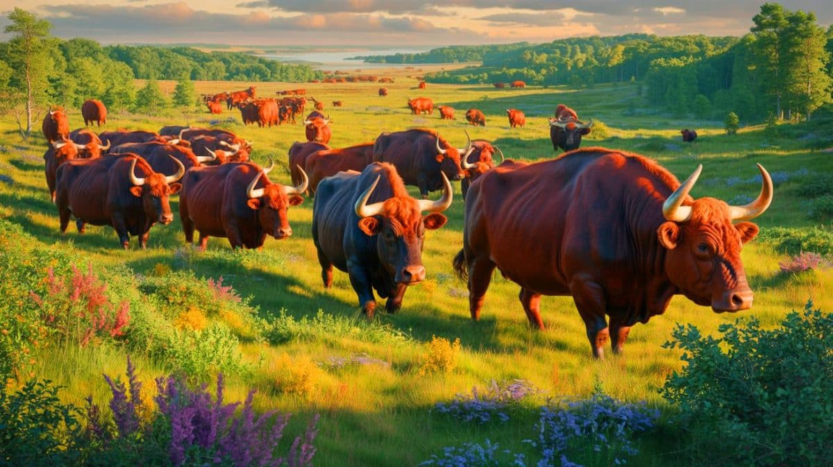 « Des vaches géantes de 1,4 tonne reviennent » : cette résurrection génétique danoise qui fait revivre des espèces éteintes divise les écologistes européens Illustration de la réintroduction des tauros sur l'île de Lolland pour restaurer les dynamiques écologiques.
