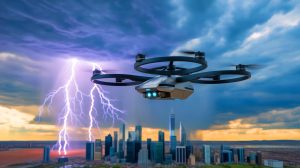 Illustration de l'utilisation de drones pour détourner la foudre et protéger les infrastructures.