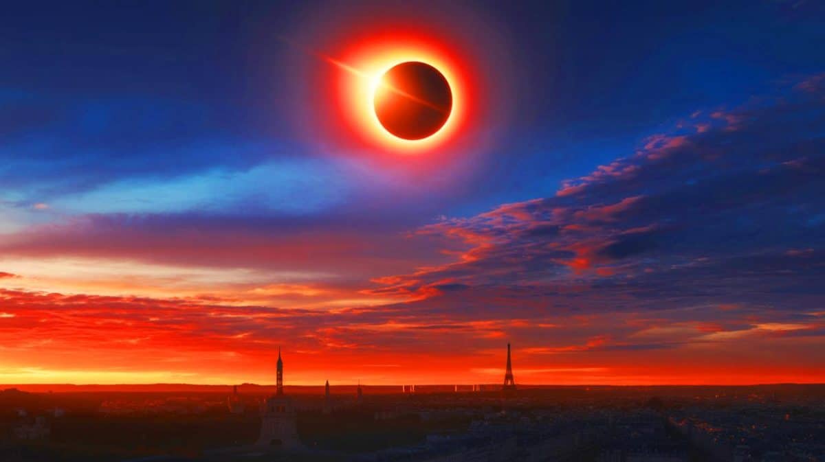 Illustration de l'éclipse solaire totale prévue en France le 3 septembre 2081.