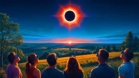 Illustration de l'éclipse solaire totale prévue en France le 3 septembre 2081.