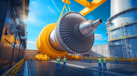 Illustration de l'installation de nouvelles turbines géantes à la centrale nucléaire de Temelín en République tchèque.