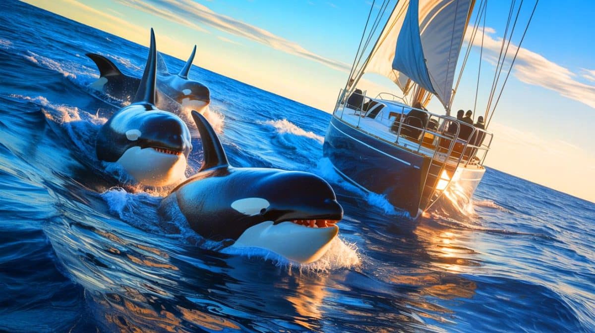 Ces 40 cétacés en danger écrasent totalement la navigation côtière avec une intelligence que personne ne peut plus expliquer Illustration de voiliers attaqués par des orques au large des côtes espagnoles.