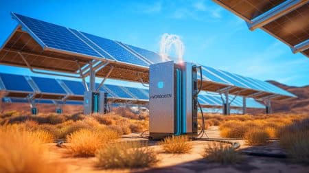Illustration de la production d'hydrogène vert à partir de l'humidité de l'air grâce à un système solaire innovant.