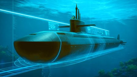 Illustration de la détection avancée des sous-marins par intelligence artificielle.