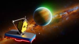 Illustration de l'étude de l'exoplanète TRAPPIST-1e grâce au télescope spatial James-Webb.