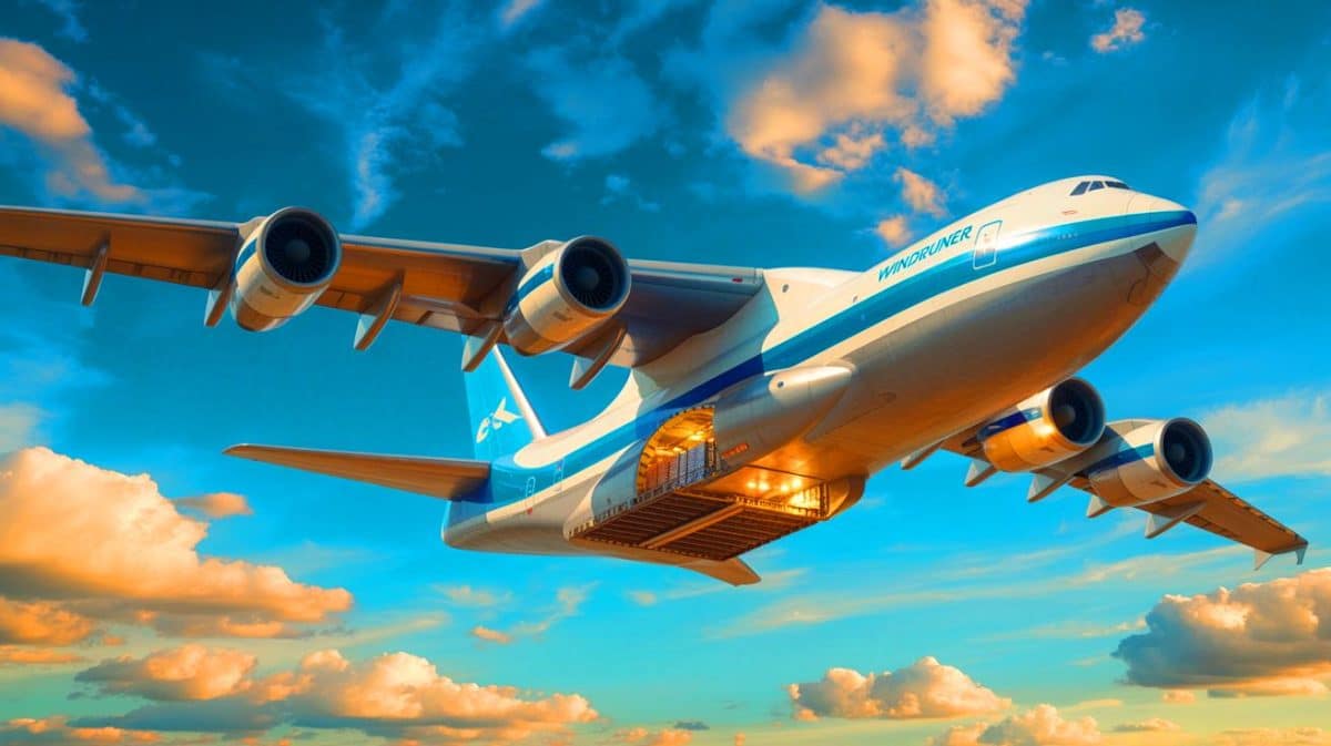 Illustration de l'avion cargo WindRunner conçu pour transporter des éoliennes terrestres.