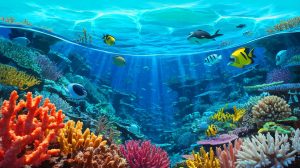Illustration de vagues de chaleur marine affectant les océans et menaçant la biodiversité.