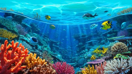 Illustration de vagues de chaleur marine affectant les océans et menaçant la biodiversité.