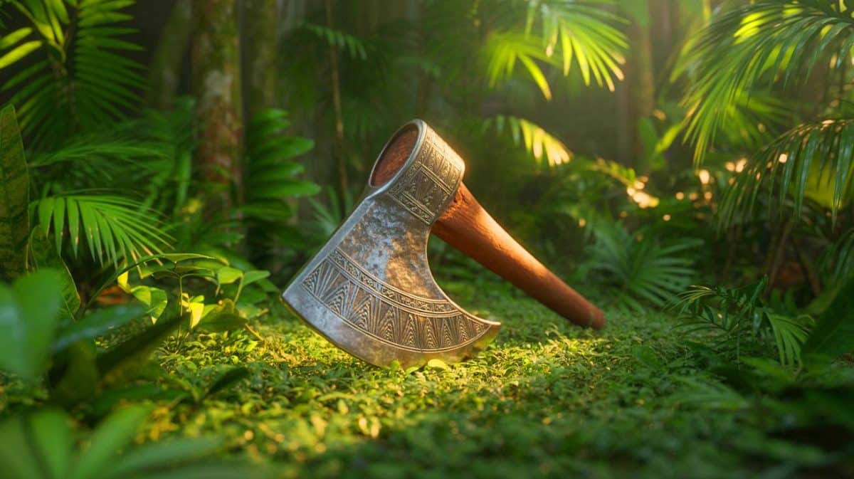 Cette découverte extraterrestre propulse un village isolé vers une célébrité archéologique que personne ne peut plus ignorer maintenant Illustration de la découverte d'une hache de 3 000 ans en métal météoritique à Bornéo.