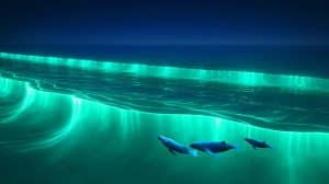 Illustration de la lueur turquoise causée par la floraison de phytoplanctons bioluminescents en mer de Tasmanie.