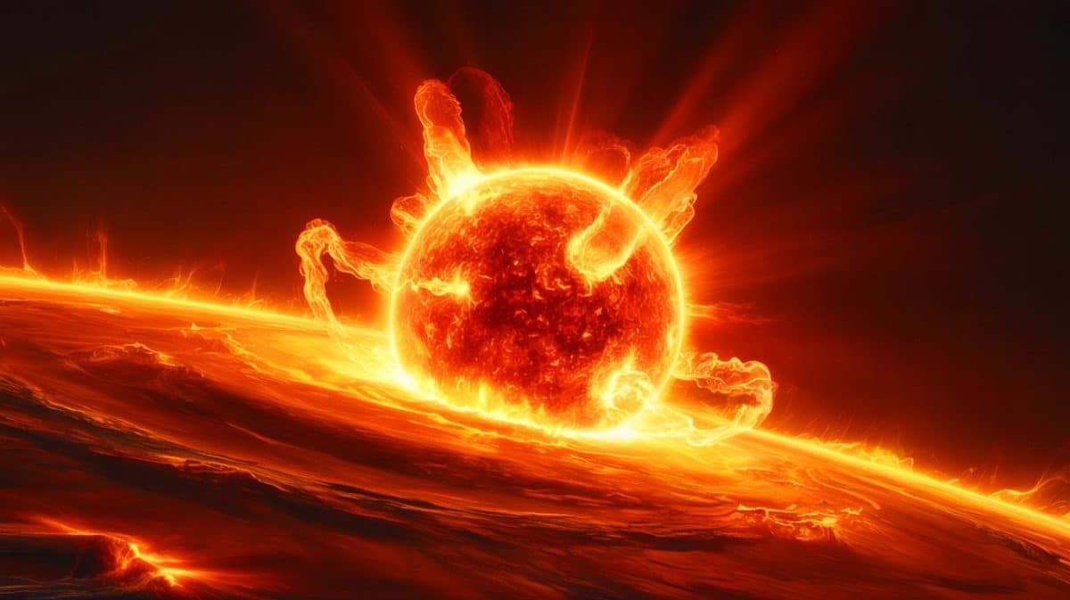 Illustration de l'activité solaire intense surpassant les prévisions scientifiques.
