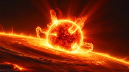 Illustration de l'activité solaire intense surpassant les prévisions scientifiques.