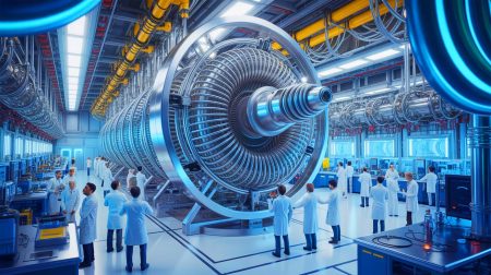 Illustration de l'achèvement du Central Solenoid par General Atomics pour le projet ITER.