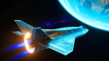Illustration de l'avion spatial militaire américain X-37B préparé pour tester un système de navigation quantique.