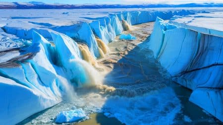 Illustration de l'inondation massive due à un lac subglaciaire percé sous la calotte glaciaire du Groenland.