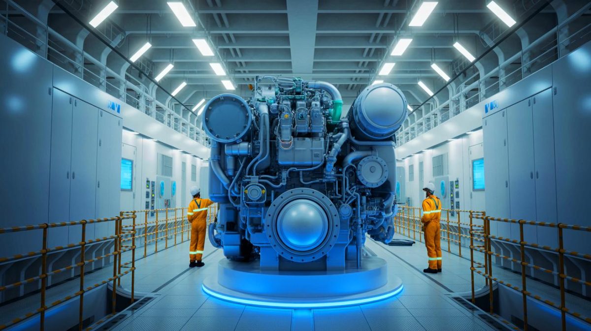 Illustration de la présentation du premier moteur commercial à l'ammoniac par la Japan Engine Corporation.