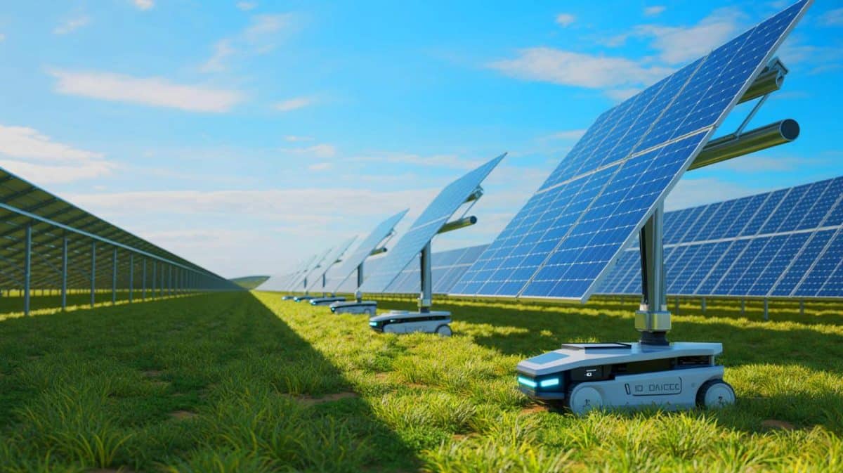 « Ces robots travaillent sans pause » : en Australie, ils installent 500 000 panneaux solaires plus vite que des humains Illustration de robots autonomes installant des panneaux solaires sur le site de la ferme solaire de Goorambat East.