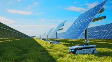 Illustration de robots autonomes installant des panneaux solaires sur le site de la ferme solaire de Goorambat East.