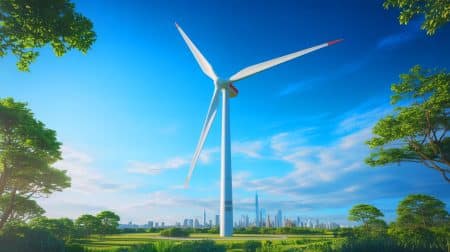 Illustration de la plus grande éolienne du monde en Chine, symbolisant une avancée majeure dans les énergies renouvelables.