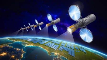 Illustration de satellites réfléchissant la lumière solaire vers la Terre, suscitant des inquiétudes sur la pollution lumineuse.