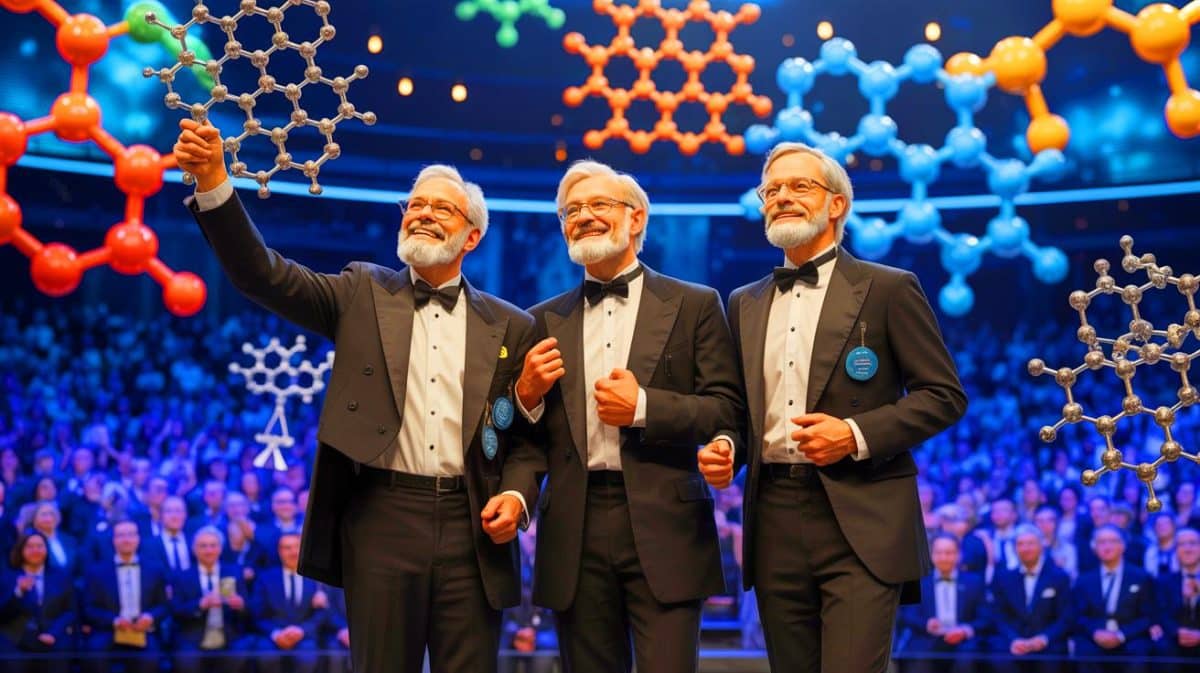 « C’est digne d’Harry Potter » : ces matériaux magiques valent un Nobel et pourraient changer le monde (sans que vous le sachiez) Illustration de la remise du prix Nobel de chimie 2025 aux chercheurs Susumu Kitagawa, Richard Robson et Omar M. Yaghi pour leur développement de cadres métalliques-organométalliques.