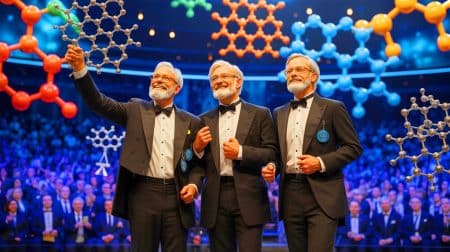 Illustration de la remise du prix Nobel de chimie 2025 aux chercheurs Susumu Kitagawa, Richard Robson et Omar M. Yaghi pour leur développement de cadres métalliques-organométalliques.
