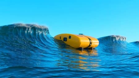 Illustration de la technologie innovante de Voltai convertissant l'énergie des vagues en électricité propre.