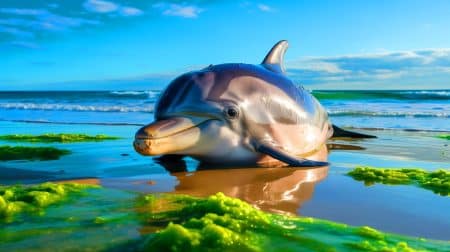 Illustration de dauphins échoués en Floride présentant des signes de démence similaires à Alzheimer liés à des proliférations d'algues toxiques.