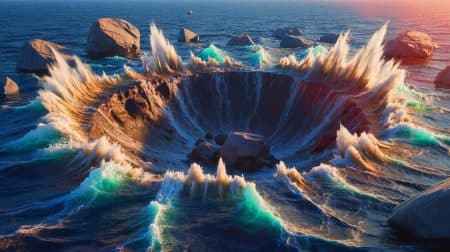 Illustration de l'impact d'un astéroïde ayant formé le cratère de Silverpit sous la mer du Nord.