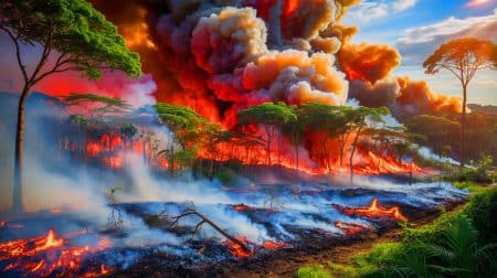 Illustration de l'impact des incendies de 2024 sur l'Amazonie et leurs émissions record de CO2.