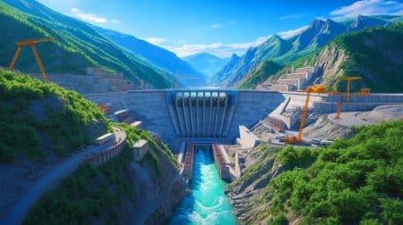 Illustration de la construction du plus grand complexe hydroélectrique du monde sur le fleuve Yarlung Zangbo en Chine.