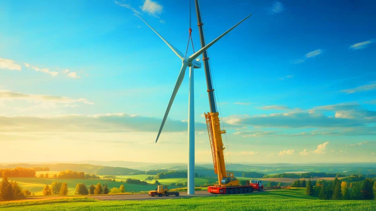 Illustration de l'installation d'une turbine éolienne innovante de Pecos Wind Power aux États-Unis.