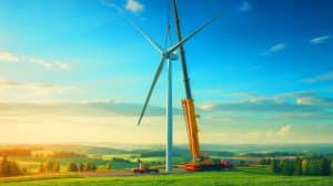 Illustration de l'installation d'une turbine éolienne innovante de Pecos Wind Power aux États-Unis.