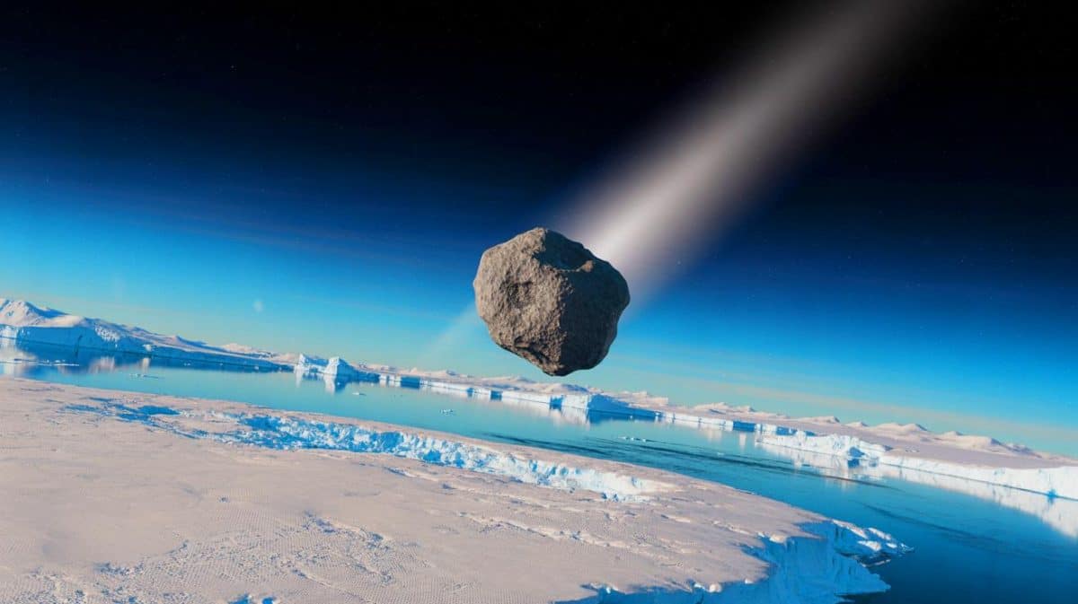 Illustration de l'astéroïde 2025 TF passant à proximité de la Terre au-dessus de l'Antarctique.
