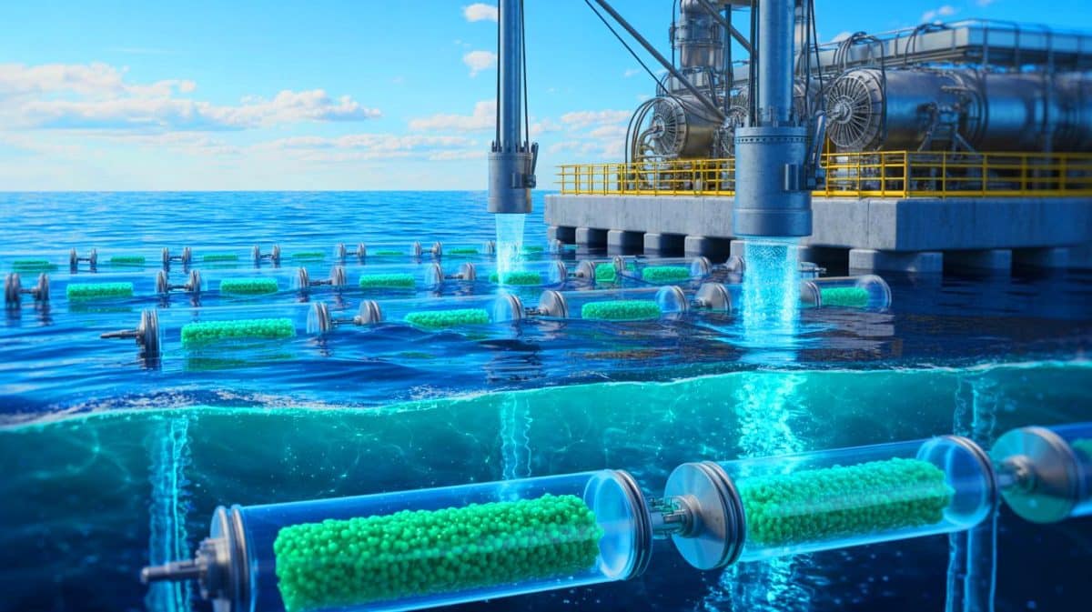 Illustration de la méthode innovante de capture du CO2 océanique pour la production de plastiques biodégradables.