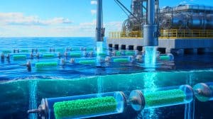 Illustration de la méthode innovante de capture du CO2 océanique pour la production de plastiques biodégradables.