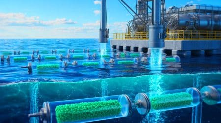 Illustration de la méthode innovante de capture du CO2 océanique pour la production de plastiques biodégradables.