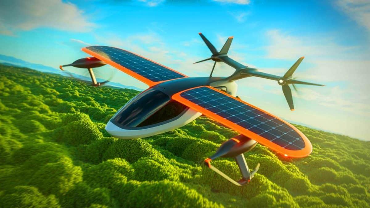 Illustration de l'innovation du Streetwing, un véhicule hybride entre avion et drone utilisant des énergies renouvelables.