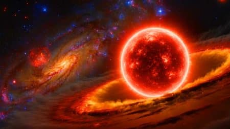 Illustration de l'explosion d'une étoile supergéante rouge cachée derrière des couches de poussière cosmique.