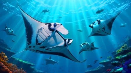 Illustration de raies manta océaniques plongeant à des profondeurs impressionnantes pour naviguer à travers les océans.