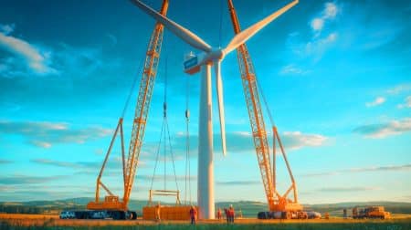 Illustration de l'érection d'une éolienne moderne par Pecos Wind Power lors du crane day aux États-Unis.