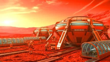 Illustration de la vision d'Elon Musk sur la colonisation de Mars face aux menaces solaires.