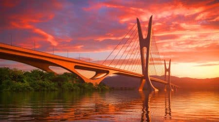 Illustration de l'architecture novatrice du pont de Danjiang au coucher du soleil.