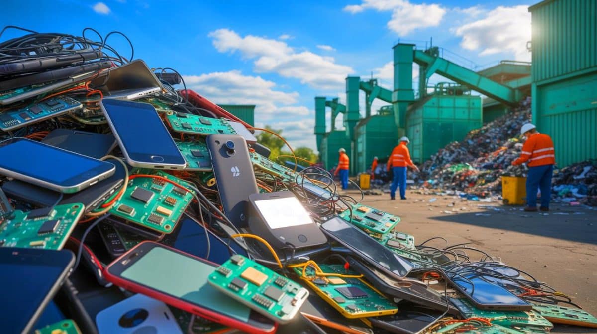 Illustration de la valorisation des déchets électroniques en Europe pour récupérer des matériaux critiques.