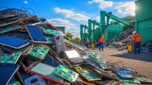 Illustration de la valorisation des déchets électroniques en Europe pour récupérer des matériaux critiques.