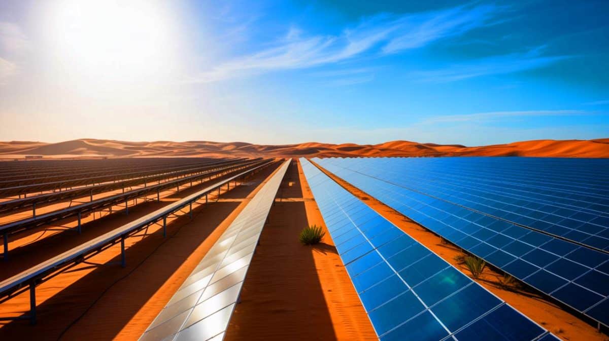 « On pourrait alimenter toute la planète » : le Sahara détient assez d’énergie solaire pour tout éclairer, mais à quel prix pour l’environnement ? Illustration de l'installation de panneaux solaires dans le désert, soulignant les enjeux environnementaux et économiques.