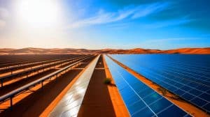 Illustration de l'installation de panneaux solaires dans le désert, soulignant les enjeux environnementaux et économiques.