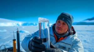 Illustration de la découverte d'un cylindre de glace vieux de six millions d'années en Antarctique.