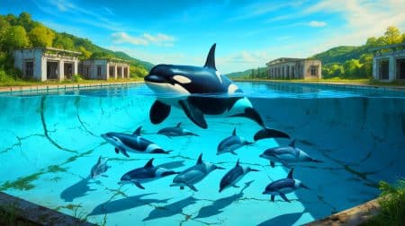 Illustration de cétacés en captivité à Marineland, attendant leur transfert vers des installations plus sûres en Espagne.